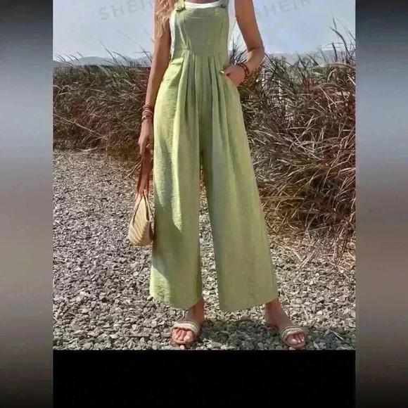 SHEIN Green Linen Like Overalls Size Large NWOT - Picture 1 of 4